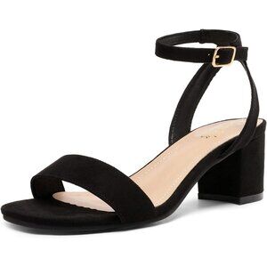 Dream Pairs Womens Black/Suede Faux Suede Rounded Toe Ankle Strap Heeled Sandal
